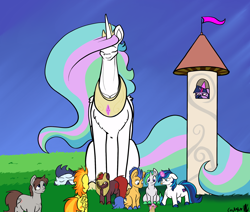 Size: 2250x1908 | Tagged: safe, artist:greyscaleart, character:flash sentry, character:princess celestia, character:shining armor, character:soarin', character:spitfire, character:twilight sparkle, oc, oc:oblivia, species:pony, colored hooves, colt, colt flash sentry, colt shining armor, colt soarin', cute, female, filly, filly spitfire, filly twilight sparkle, giant pony, giantlestia, macro, magic, male, momlestia fuel, size difference, smol, tallestia, telekinesis, the tiny apprentice, tol, twilight is not amused, unamused, younger