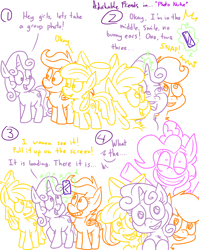 Size: 4779x6013 | Tagged: safe, artist:adorkabletwilightandfriends, character:apple bloom, character:pinkie pie, character:scootaloo, character:sweetie belle, species:pegasus, species:pony, adorkable friends, comic:adorkable twilight and friends, episode:slice of life, g4, my little pony: friendship is magic, absurd resolution, adoracreepy, cellphone, comic, creepy, cute, cutie mark crusaders, female, filly, group, group photo, humor, lineart, phone, photobomb, selfie, semi-grimdark series, smartphone, suggestive series