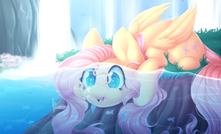 Size: 3900x2378 | Tagged: safe, artist:scarlet-spectrum, character:fluttershy, species:pegasus, species:pony, blowing bubbles, bubble, cute, female, fish, folded wings, grass, mare, open mouth, pond, prone, scenery, shyabetes, solo, thick, underwater, water, waterfall, watershy, wings