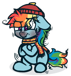 Size: 1680x1795 | Tagged: safe, artist:binkyt11, derpibooru original, character:rainbow dash, species:pegasus, species:pony, angry, chibi, clothing, cold, crossed arms, female, floppy ears, freezing, hat, mare, messy mane, missing cutie mark, red face, red nosed, scarf, shivering, sick, simple background, sitting, solo, transparent background