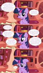 Size: 1280x2168 | Tagged: safe, artist:hakunohamikage, character:twilight sparkle, character:twilight sparkle (alicorn), species:alicorn, species:pony, ask-princesssparkle, ask, comic, female, floppy ears, golden oaks library, immortality blues, mare, sad, scroll, solo, tumblr, twilight will outlive her friends
