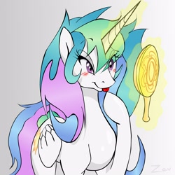 Size: 2500x2500 | Tagged: safe, artist:zev, character:princess celestia, species:alicorn, species:pony, bedroom eyes, blep, blushing, cute, cutelestia, eye clipping through hair, female, gradient background, high res, magic, mare, messy mane, mirror, missing accessory, pretty, raised hoof, smiling, solo, telekinesis, tongue out
