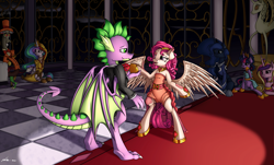 Size: 4411x2671 | Tagged: safe, artist:neko-me, character:discord, character:princess cadance, character:princess celestia, character:princess luna, character:spike, character:twilight sparkle, character:twilight sparkle (alicorn), oc, species:alicorn, species:dragon, species:pony, canon x oc, clothing, commission, dancing, dress, female, gala dress, grand galloping gala, mare, new crown, older, older spike, royal sisters, semi-anthro