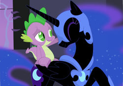 Size: 3507x2452 | Tagged: safe, artist:porygon2z, character:nightmare moon, character:princess luna, character:spike, species:alicorn, species:dragon, species:pony, crack shipping, cute, duo, eyes closed, looking at each other, moonabetes, nicemare moon, shipping, smiling, spikemoon