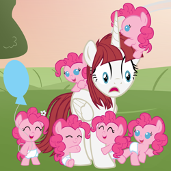 Size: 4200x4200 | Tagged: safe, artist:beavernator, character:pinkie pie, oc, oc:fausticorn, species:alicorn, species:pony, episode:too many pinkie pies, g4, my little pony: friendship is magic, absurd resolution, baby, baby pie, baby pony, balloon, clone, clones, diaper, foal, lauren faust, pinkie clone