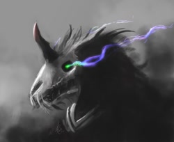 Size: 986x804 | Tagged: safe, artist:grissaecrim, character:king sombra, species:pony, species:unicorn, fangs, glowing eyes, male, signature, solo, stallion