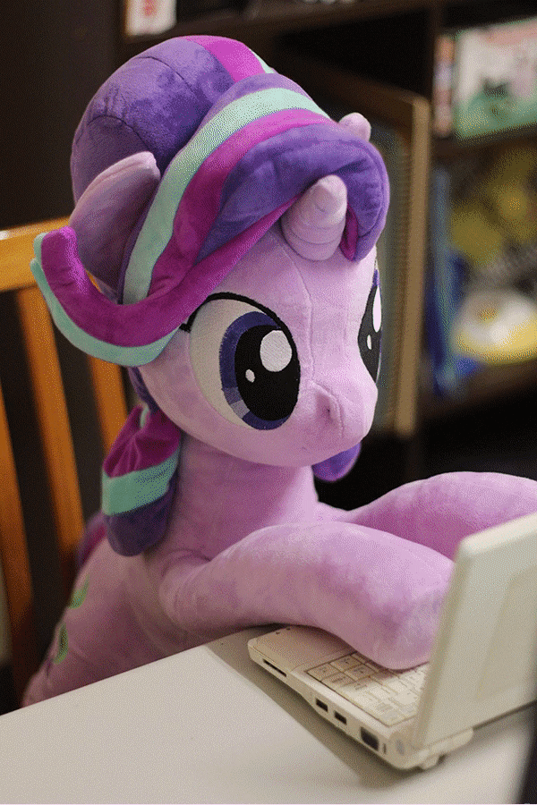 Size: 600x900 | Tagged: safe, artist:nekokevin, character:starlight glimmer, character:twilight sparkle, character:twilight sparkle (alicorn), species:alicorn, species:pony, species:unicorn, series:nekokevin's glimmy, 4de, animated, boop, chair, clothing, computer, computer mouse, cute, desk, drawing, duo, female, gif, glimmerbetes, headphones, irl, laptop computer, life size, looking at each other, looking down, mare, nekokevin is trying to murder us, noseboop, nuzzling, paper, pencil, photo, plushie, sitting, size difference, smiling, socks, starlight's little twibird, stop motion, striped socks, twiabetes, typing, weapons-grade cute
