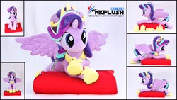 Size: 1024x576 | Tagged: safe, artist:nekokevin, character:starlight glimmer, species:alicorn, species:pony, species:unicorn, alicornified, crown, cushion, female, irl, jewelry, life size, looking at you, lying down, mare, photo, plushie, princess starlight glimmer, race swap, regalia, sitting, smiling, solo, starlicorn, xk-class end-of-the-world scenario