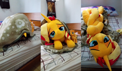 Size: 2036x1200 | Tagged: safe, artist:nekokevin, character:applejack, character:fluttershy, character:sunset shimmer, character:twilight sparkle, species:earth pony, species:pegasus, species:pony, species:unicorn, bed, bedroom eyes, bedsheets, body pillow, female, irl, life size, looking at you, lying down, mare, on back, photo, pillow, plushie, prone, size difference, smiling, upside down