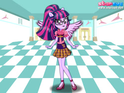 Size: 800x600 | Tagged: safe, artist:user15432, character:twilight sparkle, character:twilight sparkle (scitwi), species:eqg human, species:human, equestria girls:friendship games, g4, my little pony: equestria girls, my little pony:equestria girls, clothing, crystal prep shadowbolts, glasses, high heels, humanized, pegasus wings, ponied up, pony ears, school outfit, school spirit, school uniform, scitwilicorn, shoes, starsue, winged humanization, wings