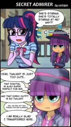 Size: 673x1200 | Tagged: safe, artist:uotapo, character:ginger owlseye, character:twilight sparkle, character:twilight sparkle (scitwi), species:eqg human, g4, my little pony: equestria girls, my little pony:equestria girls, 2 panel comic, background human, blushing, clothing, comic, cute, fedora, geode of telekinesis, hat, implied lesbian, jacket, magical geodes, misunderstanding, necktie, no nose, stare