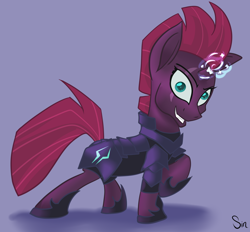 Size: 2324x2160 | Tagged: safe, artist:sintakhra, character:tempest shadow, species:pony, species:unicorn, my little pony: the movie (2017), broken horn, evil grin, eye scar, female, grin, happy, horn, looking at you, mare, pretty pretty tempest, raised hoof, scar, scary face, silly little ponies, smiling, solo, sparking horn
