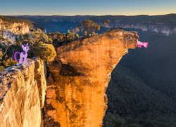Size: 978x709 | Tagged: safe, artist:didgereethebrony, character:pinkie pie, character:twilight sparkle, character:twilight sparkle (alicorn), species:alicorn, species:pony, australia, blue mountains, cliff, cliff face, in which pinkie pie forgets how to gravity, irl, photo, pinkie being pinkie, pinkie physics, ponies in real life, valley