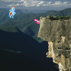 Size: 793x794 | Tagged: safe, artist:didgereethebrony, character:pinkie pie, character:rainbow dash, australia, blue mountains, in which pinkie pie forgets how to gravity, irl, kanangra boyd national park, photo, pinkie being pinkie, pinkie physics, ponies in real life