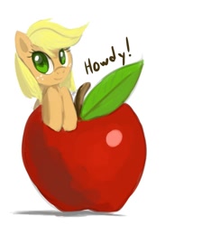 Size: 780x800 | Tagged: safe, artist:grissaecrim, character:applejack, appletini, ask, ask appletini, cute, female, hatless, howdy, jackabetes, missing accessory, ponies in food, simple background, solo, tumblr, white background