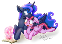 Size: 5460x3877 | Tagged: safe, artist:chub-wub, artist:pucksterv, character:princess luna, character:twilight sparkle, character:twilight sparkle (alicorn), species:alicorn, species:pony, ship:twiluna, blushing, book, female, floppy ears, lesbian, mare, open mouth, shipping, simple background, smiling, white background