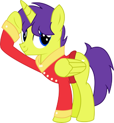 Size: 5371x5823 | Tagged: safe, artist:cyanlightning, oc, oc only, oc:orion galaxy, species:alicorn, species:pony, 2018 community collab, derpibooru community collaboration, .svg available, absurd resolution, clothing, looking at you, male, salute, simple background, solo, stallion, transparent background, vector