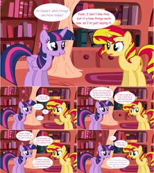 Size: 1284x1444 | Tagged: safe, artist:hakunohamikage, character:sunset shimmer, character:twilight sparkle, character:twilight sparkle (alicorn), species:alicorn, species:pony, species:unicorn, ask-princesssparkle, ask, female, folded wings, golden oaks library, mare, tumblr