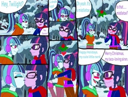 Size: 1029x777 | Tagged: safe, artist:ktd1993, character:sonata dusk, character:twilight sparkle, character:twilight sparkle (scitwi), species:eqg human, my little pony:equestria girls, christmas, comic, female, holiday, holly, holly mistaken for mistletoe, kissing, lesbian, sci-twinata, shipping, twinata
