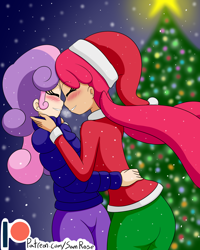 Size: 1600x2000 | Tagged: safe, alternate version, artist:jake heritagu, character:apple bloom, character:sweetie belle, species:human, ship:sweetiebloom, ass, back, blushing, christmas, christmas tree, clothing, cute, eyes closed, female, holiday, humanized, lesbian, pants, patreon, patreon logo, shipping, snow, snowfall, tree, winter outfit