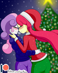 Size: 1600x2000 | Tagged: safe, artist:jake heritagu, character:apple bloom, character:sweetie belle, ship:sweetiebloom, my little pony:equestria girls, ass, back, blushing, christmas, christmas tree, clothing, eyes closed, female, holiday, lesbian, pants, patreon, patreon logo, shipping, snow, snowfall, sweater, tree