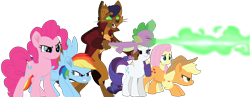 Size: 7296x2819 | Tagged: safe, artist:ejlightning007arts, character:applejack, character:capper dapperpaws, character:fluttershy, character:pinkie pie, character:rainbow dash, character:rarity, character:spike, species:anthro, species:digitigrade anthro, species:dragon, species:pony, my little pony: the movie (2017), behaving like a weapon, clothing, coat, fire, fire breath, flamethrower, flamethrower spike, simple background, transparent background, vector
