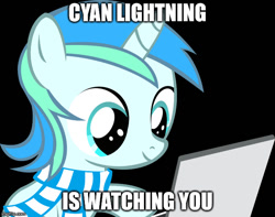 Size: 634x500 | Tagged: safe, artist:cyanlightning, oc, oc only, oc:cyan lightning, species:pony, species:unicorn, big brother is watching, black background, clothing, colt, computer, laptop computer, male, meme, scarf, simple background, watching