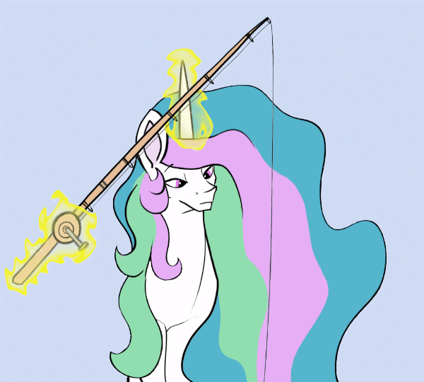 Size: 600x540 | Tagged: safe, artist:greyscaleart, artist:szafir87, character:princess celestia, character:twilight sparkle, animated, behaving like a fish, blue background, cookie, cute, female, filly, filly twilight sparkle, fishing rod, food, glowing horn, magic, simple background, telekinesis, the tiny apprentice, twiabetes, younger