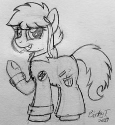 Size: 859x929 | Tagged: safe, artist:binkyt11, oc, oc only, oc:noir avery gumshoe, species:earth pony, species:pony, cigarette, clothing, female, grin, looking at you, mare, raised hoof, sketch, smiling, smoking, solo, traditional art, trenchcoat, underhoof