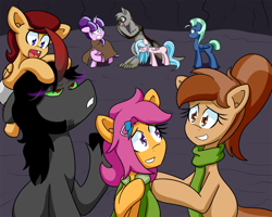Size: 1000x800 | Tagged: safe, artist:jake heritagu, artist:wiggles, character:king sombra, character:scootaloo, character:starlight glimmer, oc, oc:coffee talk, oc:drizzle, oc:freckles, oc:lightning blitz, oc:sea breeze, parent:rain catcher, parent:scootaloo, parents:catcherloo, species:diamond dog, species:pegasus, species:pony, species:wolf, comic:ask motherly scootaloo, motherly scootaloo, ask king sombra, baby, baby pony, cloak, clothing, colt, crystal wolf, diamond dog oc, hairpin, male, offspring, older, older scootaloo, pony hat, scarf
