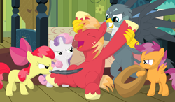 Size: 3536x2059 | Tagged: safe, artist:porygon2z, character:apple bloom, character:big mcintosh, character:gabby, character:scootaloo, character:sweetie belle, species:griffon, species:pegasus, species:pony, cutie mark crusaders, feather, tickle torture, tickling