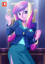 Size: 707x1000 | Tagged: safe, artist:uotapo, character:dean cadance, character:princess cadance, equestria girls:friendship games, g4, my little pony: equestria girls, my little pony:equestria girls, adorasexy, breasts, busty princess cadance, clothing, cute, cutedance, eyeshadow, female, looking at you, makeup, moe, patreon, patreon logo, school, sexy, side slit, skirt, smiling, solo, tube skirt
