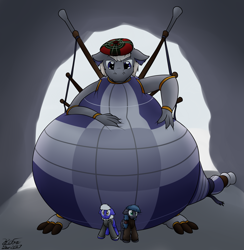 Size: 2693x2759 | Tagged: safe, artist:the-furry-railfan, oc, oc only, oc:hylund, oc:night strike, oc:static charge, species:dragon, bagpipe dragon, bagpipes, behind you, belly, cave, clothing, hat, impossibly large belly, jacket, looking down, original species, snow, squishy, story included, tam o' shanter, tartan, terrified