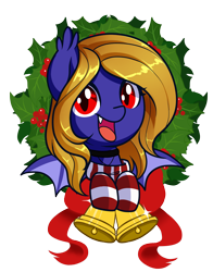 Size: 1000x1274 | Tagged: safe, artist:xwhitedreamsx, oc, oc only, oc:butter cream, species:bat pony, species:pony, adorable face, bat pony oc, bell, bust, christmas, christmas wreath, clothing, collar, commission, cute, female, hearth's warming, holiday, looking at you, mare, portrait, simple background, smiling, socks, solo, stockings, striped socks, transparent background, wings, wreath, ych result