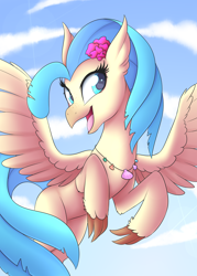 Size: 3000x4200 | Tagged: safe, artist:scarlet-spectrum, character:princess skystar, species:classical hippogriff, species:hippogriff, g4, my little pony: the movie (2017), commission, female, flying, freckles, high res, jewelry, necklace, open mouth, seashell necklace, solo