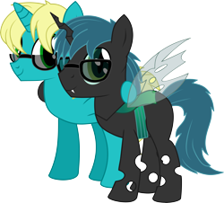 Size: 7122x6432 | Tagged: safe, artist:cyanlightning, oc, oc only, oc:jb, oc:jinjo bytes, oc:stratamax, species:changeling, species:pony, species:unicorn, 2018 community collab, derpibooru community collaboration, .svg available, absurd resolution, changeling oc, duo, glasses, looking at you, male, simple background, stallion, transparent background, vector