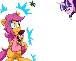 Size: 2000x1600 | Tagged: safe, artist:jake heritagu, character:scootaloo, character:starlight glimmer, oc, oc:lightning blitz, parent:rain catcher, parent:scootaloo, parents:catcherloo, species:pegasus, species:pony, species:unicorn, comic:ask motherly scootaloo, motherly scootaloo, baby, baby pony, cloak, clothing, colt, female, hairpin, holding a pony, male, mistletoe, mother and son, offspring, older, older scootaloo, simple background, sweatshirt, transparent background