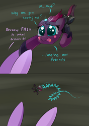Size: 3507x4960 | Tagged: safe, artist:underpable, character:tempest shadow, character:twilight sparkle, character:twilight sparkle (alicorn), species:alicorn, species:pony, species:unicorn, my little pony: the movie (2017), 2 panel comic, bad end, blush sticker, blushing, broken horn, clothing, comic, crying, dialogue, dilated pupils, female, funny, mare, nani, offscreen character, open mouth, parody, scene parody, shrunken pupils, teary eyes, tempestbuse, underhoof, uniform