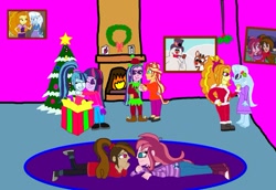 Size: 1077x741 | Tagged: safe, artist:ktd1993, character:adagio dazzle, character:aria blaze, character:sonata dusk, character:sunset shimmer, character:trixie, character:twilight sparkle, character:twilight sparkle (scitwi), oc, oc:contralto, oc:cupcake slash, species:eqg human, ship:sunblaze, ship:triagio, my little pony:equestria girls, christmas, clothing, disguised siren, female, frosty the snowman, holiday, lesbian, nightgown, rudolph the red nosed reindeer, shipping, sunblaze, twinata