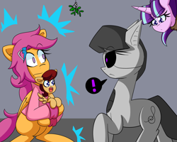 Size: 1280x1024 | Tagged: safe, artist:jake heritagu, character:octavia melody, character:scootaloo, character:starlight glimmer, oc, oc:lightning blitz, parent:rain catcher, parent:scootaloo, parents:catcherloo, species:pegasus, species:pony, species:unicorn, comic:ask motherly scootaloo, motherly scootaloo, baby, baby pony, cloak, clothing, colt, exclamation point, female, hairpin, holding a pony, male, mistletoe, mistletoe meme, mother and son, offspring, older, older scootaloo, robot, robot octavia, robot pony, sweatshirt