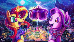 Size: 3208x1837 | Tagged: safe, artist:jowyb, character:starlight glimmer, character:sunset shimmer, species:pony, species:unicorn, building, clothing, cloud, color porn, eyestrain warning, full moon, glowing horn, lights, looking at each other, magic, moon, night, open mouth, ponyville, scarf, sky, smiling, snow, telekinesis, winter