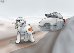 Size: 2544x1824 | Tagged: safe, artist:the-furry-railfan, oc, oc only, oc:parchment bleach, species:earth pony, species:pony, cannon, dirt road, glasses, inflatable, looking up, maus, snow, story included, tank (vehicle), this will end in tears and/or death, this will not end well