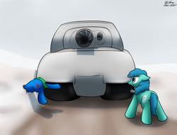 Size: 2407x1839 | Tagged: safe, artist:the-furry-railfan, oc, oc only, oc:interrobang, oc:linework, species:earth pony, species:pony, cannon, dirt road, grenade launcher, inflatable, looking up, m79, maus, oh crap, snow, story included, tank (vehicle), this will end in tears and/or death, this will not end well
