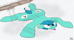 Size: 3600x1989 | Tagged: safe, artist:the-furry-railfan, oc, oc only, oc:interrobang, oc:linework, species:earth pony, species:pony, both cutie marks, derp, dirt road, female, flattened, snow, squished, surprised, tongue out, tracks