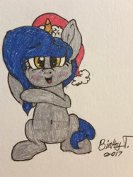 Size: 2117x2822 | Tagged: safe, artist:binkyt11, oc, oc only, species:pony, species:unicorn, amino, belly button, blushing, christmas, clothing, female, hat, holiday, mare, multicolored horn, santa hat, solo