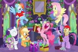 Size: 3561x2389 | Tagged: safe, artist:porygon2z, character:applejack, character:fluttershy, character:owlowiscious, character:pinkie pie, character:rainbow dash, character:rarity, character:spike, character:twilight sparkle, character:twilight sparkle (alicorn), species:alicorn, species:dragon, species:pony, ship:sparity, christmas, clothing, female, fireplace, flying, hat, holiday, male, mane seven, mane six, nose in the air, present, santa hat, scarf, shipping, snow globe, straight