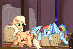 Size: 8400x5600 | Tagged: safe, artist:docwario, character:applejack, character:rainbow dash, species:earth pony, species:pegasus, species:pony, ship:appledash, absurd resolution, barn, butt touch, commission, feathermarking, female, hay bale, lesbian, looking at each other, loose hair, mare, never doubt tchernobog's involvement, prone, shipping, smiling