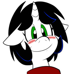 Size: 576x576 | Tagged: safe, artist:pembroke, oc, oc only, oc:ink blot, species:pony, species:unicorn, blushing, floppy ears, simple background, smiling, solo, white background