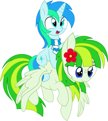 Size: 6021x6782 | Tagged: safe, artist:aureai, artist:cyanlightning, oc, oc only, oc:cyan lightning, oc:green lightning, species:pegasus, species:pony, species:unicorn, 2018 community collab, derpibooru community collaboration, .svg available, absurd resolution, clothing, colt, cute, duo, female, flower, flower in hair, flying, lidded eyes, male, mare, mother and son, ocbetes, open mouth, ponies riding ponies, scarf, simple background, smiling, spread wings, transparent background, vector, wings