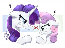 Size: 1480x1100 | Tagged: safe, artist:joakaha, character:rarity, character:sweetie belle, species:pony, species:unicorn, angry, death stare, duo, duo female, female, sibling rivalry, sisters